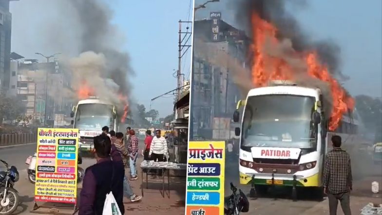 Madhya Pradesh Fire Video: Bus Engulfs in Fire at Navlakha Bus Stand in Indore, No Casualties Reported