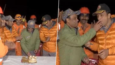 Uttarakhand Tunnel Rescue Operation Successful: NDRF Personnel Celebrate by Cutting Cake After Rescuing 41 Trapped Workers From Silkyara Tunnel (Watch Video)
