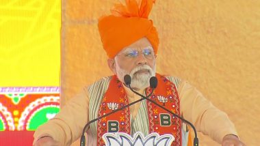 ‘BJP’s Resolve is to Create Safe Environment for Sisters and Daughters’: PM Narendra Modi Addresses Vijay Sankalp Sabha in Rajasthan’s Bharatpur (See Pics and Video)