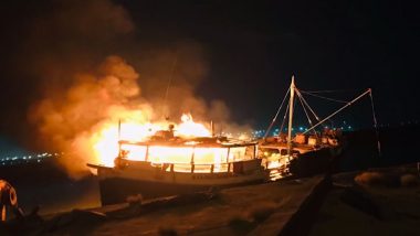 Gujarat Boat Fire Video: Blaze Erupts in Vessel Docked at Mundra Port
