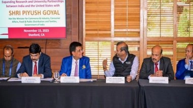Business News | Minister Piyush Goyal Champions Academic Collaboration at Stanford: Proposes Global Solutions Through Partnership