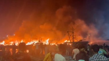 Andhra Pradesh Fire: Nearly 40 Boats Gutted in Blaze at Visakhapatnam Fishing Harbour, No Casualty Reported (Watch Videos)
