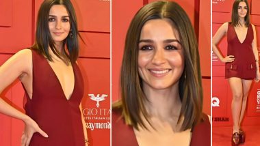 Alia Bhatt Looks Drop Dead Gorgeous in Red Outfit, Flaunts Plunging Neckline Paired With Platform Shoes (View Pics)