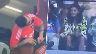 ICC World Cup 2023: Virat Kohli Tries to Find Anushka Sharma on the Upper Tier From Dressing Room During India Vs New Zealand Semifinal (Watch Video)