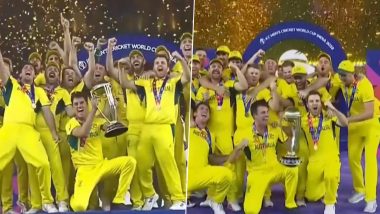 Australia Win ICC Cricket World Cup 2023 Title, Pat Cummins and Teammates Celebrate With CWC Trophy After Beating India in Final (Watch Video)