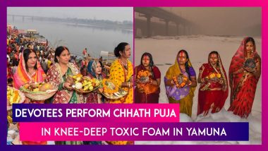 Chhath Puja 2023: Worshippers In Delhi Stand In Yamuna's Knee-Deep Toxic Foam To Perform Rituals On Final Day