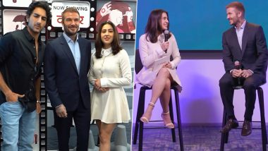 Sara Ali Khan Chats With Football Legend David Beckham, Ibrahim Ali Khan Joins Sis for the Event (Watch Video)