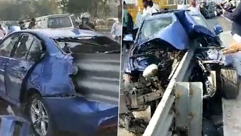 BMW 3-Series Car Pierced Into by Guard Rail After Crash in Gujarat, Video of Heavily-Damaged Luxury Four-Wheeler Goes Viral