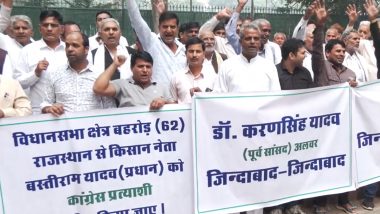 Rajasthan Assembly Elections 2023: Former Congress MP Karan Singh Yadav Holds Protest Outside Sonia Gandhi’s Residence Along With His Supporters Over Ticket Distribution (Watch Video)