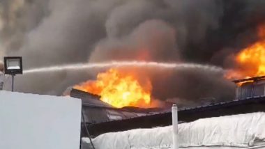 Howrah Fire: Blaze Erupts in Warehouse Located Next to Petrol Pump in Shibpur Forsa Road, 10 Fire Tenders Rushed to Spot (Watch Video)