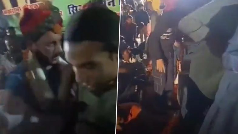 AIMIM Leader Waris Pathan Falls of Stage While Campaigning For Rajasthan Assembly Elections 2023 in Makwana, Video Surfaces