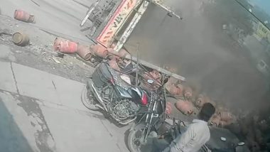 Jharkhand Road Accident Video: One Killed, Several Others Injured As LPG-Laden Truck Hits Bike, Overturns in Escape Attempt in Godda