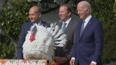 Thanksgiving 2023: US President Joe Biden Pardons Two Turkeys 'Liberty' and 'Bell' on His 81st Birthday, Spares Them From Thanksgiving Dinner (Watch Videos)