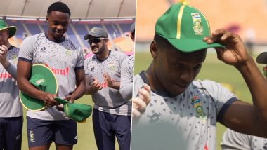 Kagiso Rabada Completes 100 ODI Matches, Receives Special Cap From Shaun Pollock Ahead of SA vs AFG ICC Cricket World Cup 2023 Clash (Watch Video)