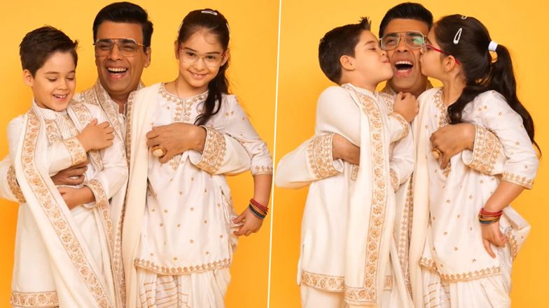 Karan Johar and His 'Do Anmol Ratan' Yash and Roohi Don Matching Ethnic Attires For Dharma's Diwali Celebrations (Watch Video)