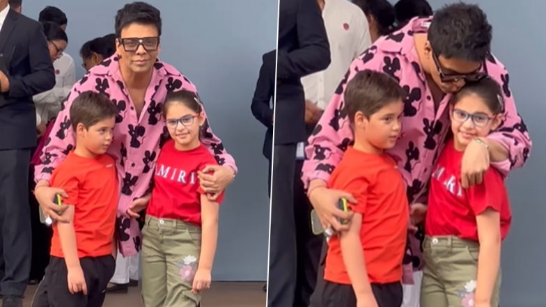 Karan Johar Arrives With Kids Yash and Roohi at Isha Ambani and Anand Piramal's Twins' Birthday Party (Watch Video)