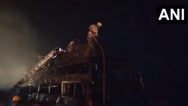West Bengal Fire Video: One Killed, Several Injured As Passenger Bus Gutted in Fire on NH 16 in West Midnapore’s Madpur