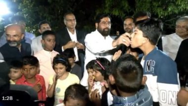 Diwali 2023 Celebrations: Maharashtra CM Eknath Shinde Celebrates Deepawali With Beneficiaries of CMRF in Mumbai (Watch Video)