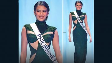 Miss Universe 2023: Miss Philippines Michelle Dee Dazzles in a Long Bottle Green Colour Cap-Sleeved Illusion Cut-Out Sheath Dress at Evening Gown Competition (View Pic)