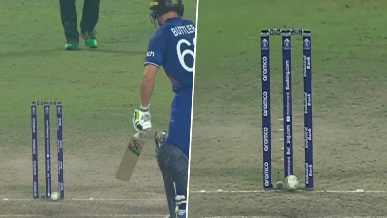 Bizarre! Mohammad Wasim Jr’s Delivery to Jos Buttler Hits Stump but Bails Don’t Fall During ENG vs PAK CWC 2023 Match, Video Goes Viral