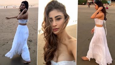 Mouni Roy Enjoys Sunset at the Beach in Hot White Bralette Top Paired With Skirt (Watch Video)