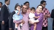 Mukesh and Nita Ambani Pose With Grandchildren Aadiya and Krishna on Twins' First Birthday; Karan Johar Spotted in Background (Watch Video)