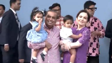 Mukesh and Nita Ambani Pose With Grandchildren Aadiya and Krishna on Twins' First Birthday; Karan Johar Spotted in Background (Watch Video)