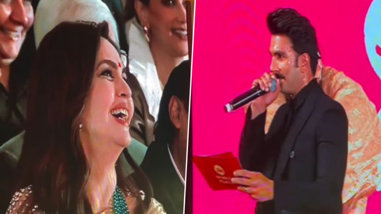 Nita Mukesh Ambani Can’t Stop Blushing After Ranveer Singh Compliments Her Saying ‘Just Looking Like a Wow’ During Jio World Plaza Launch Ceremony (Watch Viral Video)