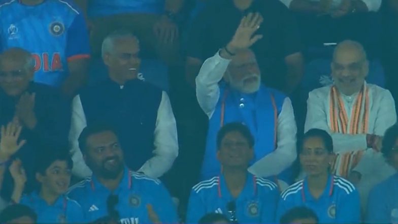 Narendra Modi Waves To The Crowd At Narendra Modi Stadium In Ahmedabad During India Vs Australia 2221