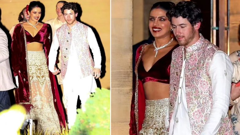 Priyanka Chopra Stuns in Maroon Cream Lehenga, While Nick Jonas Dons Stylish Kurta Pajama at Star-Studded Diwali Celebration in LA (View Pics)