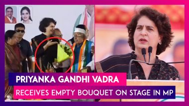 Madhya Pradesh Assembly Elections 2023: Priyanka Gandhi Vadra Receives Empty Bouquet On Stage, Congress Leader Left In Splits
