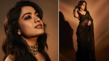 Rashmika Mandanna Is a Sight To Behold in a Sheer Black Saree With Statement Necklace (See Pics)