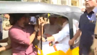 Rahul Gandhi Takes Autorickshaw Ride After Interacting With Auto Drivers and Gig Workers in Hyderabad's Jubilee Hills Assembly Seat (Watch Video)