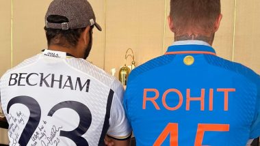 'Lovely to Meet You' Football Legend David Beckham Meets Indian Captain Rohit Sharma, Sporting Icons Have Friendly Conversation (Watch Video)