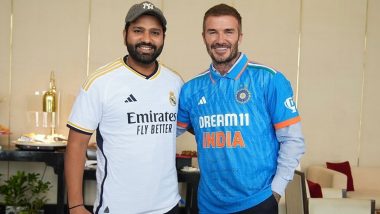 ‘Hello Galactico’ Rohit Sharma Shares Picture With Football Legend David Beckham After Exchanging Real Madrid and Indian Cricket Team Jerseys (See Pics)