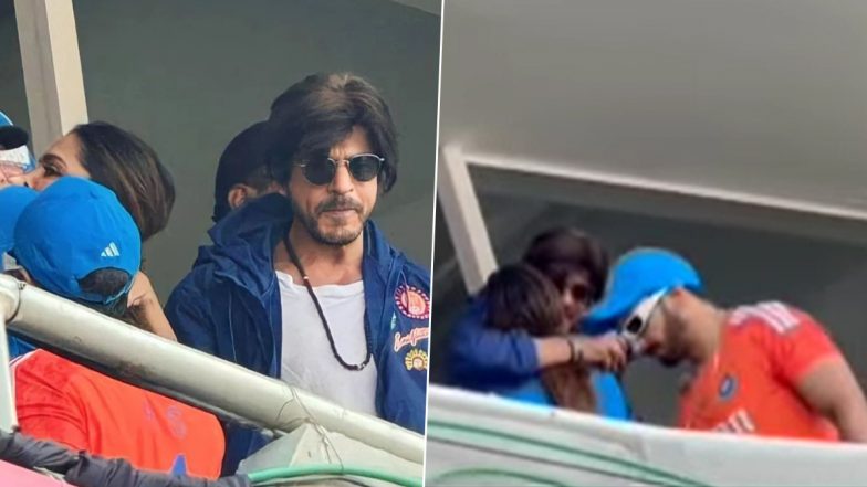 ICC Cricket World Cup 2023: Shah Rukh Khan Hugs Deepika Padukone and Greets Ranveer Singh During IND vs AUS Final Match (Watch Video)