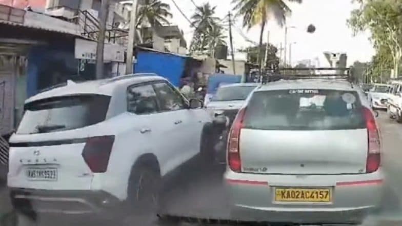 Bengaluru Road Accident Video: Four People Injured After 'Speeding' SUV Hits Three Bikes Near Hulimavu, Disturbing Clip Surfaces