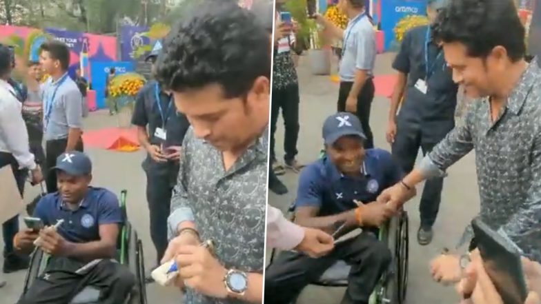 Sachin Tendulkar Shows Nice Gesture, Gives Autograph to Specially Abled Fan At Wankhede Stadium in Mumbai (Watch Video)