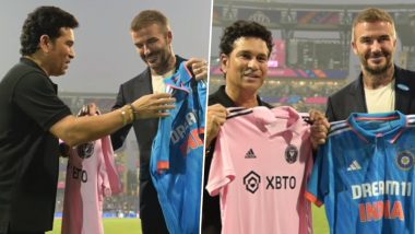 David Beckham Presents Lionel Messi’s No 10 Jersey to Sachin Tendulkar, Master Blaster Gifts Him Indian Cricket Team Jersey in Return; Video Goes Viral