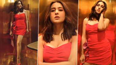 Koffee With Karan Season 8: Sara Ali Khan Looks Ravishing and Super 'Red-dy' in Sleeveless Bodycon Mini Dress For Karan Johar’s Show (Watch Video)