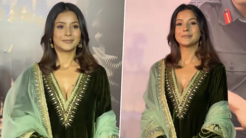 Shehnaaz Gill Exudes Elegance in Velvet Ethnic Wear at Sam Bahadur Screening (Watch Video)