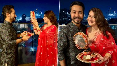 Shivaleeka Oberoi in Red Saree Celebrates First Karwa Chauth With Husband Abhishek Pathak (View Pics)