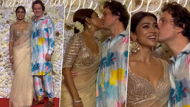 Shriya Saran and Andrei Koscheev Share a Sweet Kiss As They Pose for Paparazzi at T-Series Diwali Party (Watch Video)