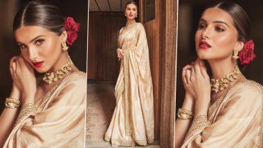 Tara Sutaria's Golden Saree with Embroidered Border and Heavy Jewelry Sets the Perfect Diwali Fashion Inspiration (View Pics)