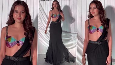 Tejasswi Prakash Shells Out Desi Girl Vibes in a Black Ethnic Fusion Saree Paired With Belt and Multi-Beaded Bralette (Watch Video)