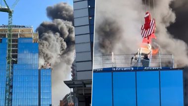 Reading Fire Video: Massive Blaze Erupts at High-Rise Building in UK, Viral Clip Shows Worker Being Saved With Help of Crane As Black Smoke Covers Skies