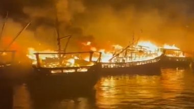 Andhra Pradesh Fire: Massive Blaze Erupts at Visakhapatnam Fishing Harbour, Several Boats Gutted; Video Shows Clouds of Smoke Emanating