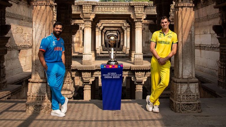 Rohit Sharma, Pat Cummins Pose With ICC Cricket World Cup 2023 Trophy at the Adalaj Stepwell Ahead of IND vs AUS Final