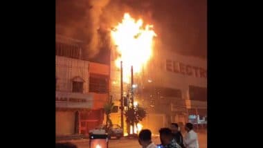 Telangana Fire: Massive Blaze Erupts at Electronic Showroom in Hyderabad’s Shalibanda, No Casualties Reported (Watch Video)