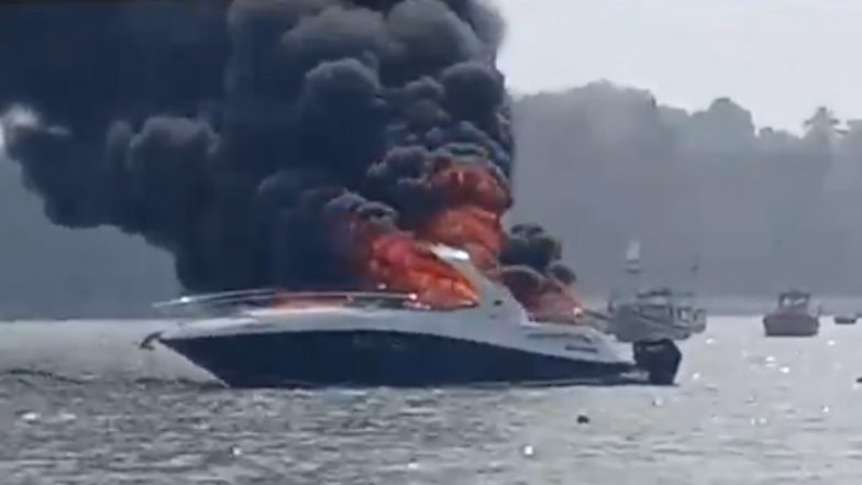 Maharashtra Yatch Fire: Yacht Belvedere of Gautama Dutta-Owned Marine Solutions Engulfs in Blaze at Mandwa Anchorage, Video Surfaces